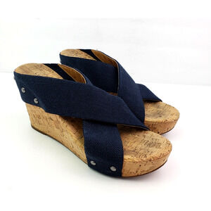 Lucky Brand Mykayla Womens Size 7.5 Black Cork 3.75" Heel Wedge Platform Sandals
